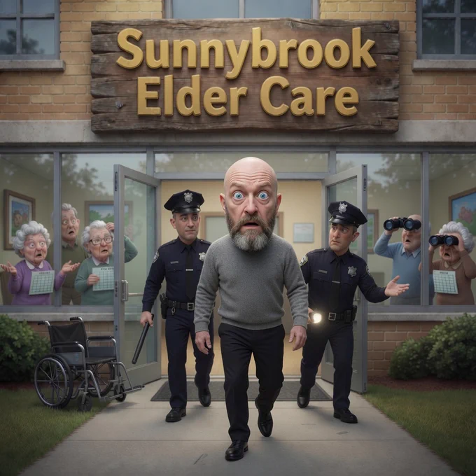 Funny scene of John Schink from Deerwood Realty getting dramatically escorted out of an elder care facility by police officers, with shocked elderly residents watching from the windows. John has a hilarious true story about being thrown out of a nursing home after helping one of his clients real estate adventures at their finest!