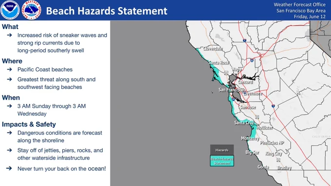 A Beach Hazards Statement is in effect from 3 AM Sunday through 3 AM Wednesday for Pacific Coast beaches. Long-period S-SW swell will generate hazardous conditions at the beach, including sneaker waves and strong rip currents. Stay back from the water’s edge, stay off of jetties and piers, and NEVER turn your back on the ocean.