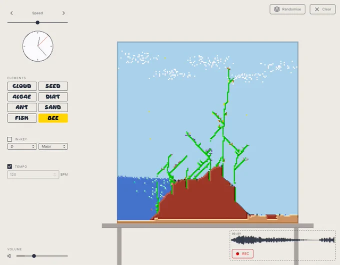Screenshot of Vivarium Ableton Extension, pixellated habitat image, waveform view, and controls.