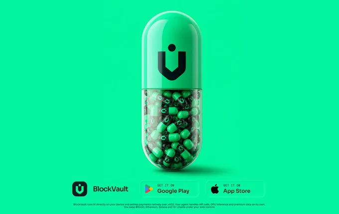 Promotional image of BlockVault: a large translucent neon green capsule pill with the black BlockVault logo on the top half. The bottom half is transparent and filled with dozens of smaller green and black capsules. Bright green background. Features official Google Play and App Store download buttons at the bottom.