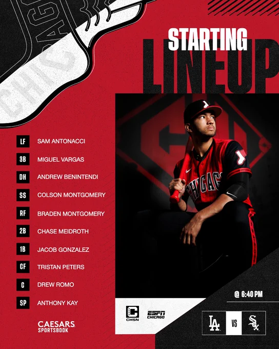 Chicago White Sox Starting Lineup for June 12 at 6:40 PM CT vs. Los Angeles Dodgers:
Sam Antonacci, left field;
Miguel Vargas, third base;
Andrew Benintendi, designated hitter;
Colson Montgomery, shortstop;
Braden Montgomery, right field (picture shown);
Chase Meidroth, second base;
Jacob Gonzalez, first base;
Tristan Peters, center field;
Drew Romo, catcher;
Anthony Kay, starting pitcher.
Watch on CHSN. Listen on ESPN Chicago - 1000 AM.