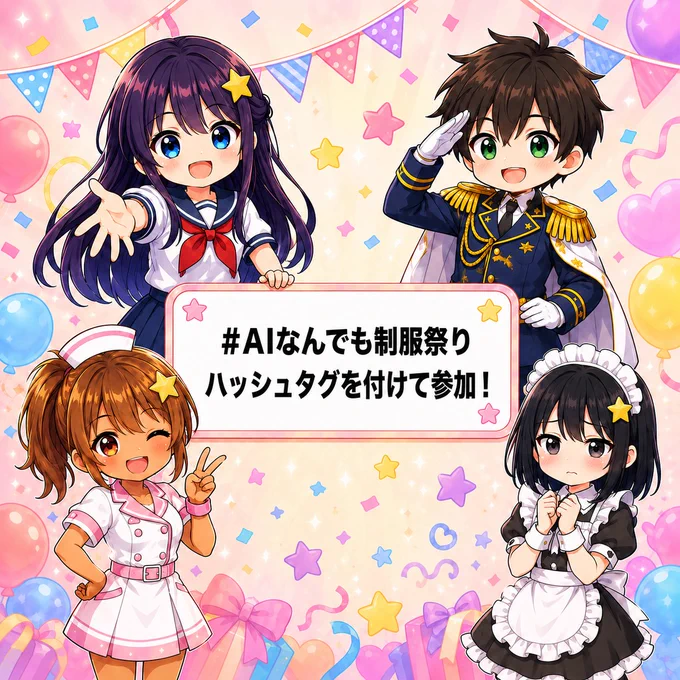 【参加条件】

・タグ #AIなんでも制服祭り を付けて投稿してください
・このポストの引用リプは任意ですが、イベントタグのみでの参加の場合、反応が漏れる可能性があります
・制服の種類は自由です。あなたが「制服」と思うものならOK！
・AI生成のイラスト、動画どちらも参加OK
・投稿枚数は何枚でもOK(コメントは1枚目を優先)
・センシティブ作品はNG
・タグは本タグを含めて2つまで
・版権キャラ、メーカー名、ロゴなど商標や各種規約に触れる投稿はご遠慮ください
・こちらからはリポスト＆コメントで反応予定です(検索除外、影🍞状態の方は反応できない場合があります)

みんなで制服姿のウチの子を楽しみましょう！☺️