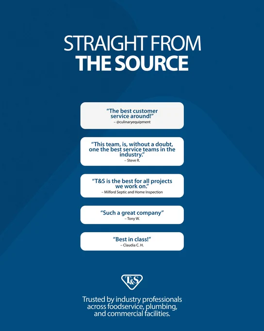 The image features a blue background with bold white text at the top reading "Straight from the Source." Below are several testimonials in speech bubbles.
At the bottom, it says, "Trusted by industry professionals across foodservice, plumbing, and commercial facilities." The T&S logo is below the text.
