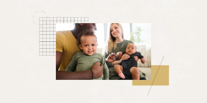 A photo of a family overlayed a CU gold square and a grid. The father is holding an older child, while the mother is holding a younger child. 