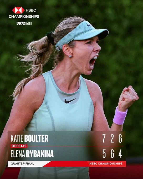 Graphic showing Katie Boulter beat Elena Rybakina 7-5, 2-6, 6-4