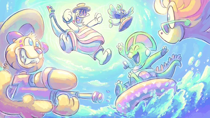 Faith, Byte, Joy, Coop, and Velocity playfully splashing in a bright, swirling pool of water under a sunny sky 