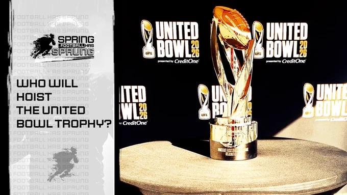 The United Bowl trophy to the left of text stating “Who Will Hoist The United Bowl Trophy?”