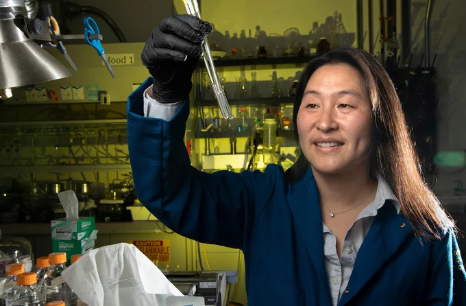 Ting Xu, professor of chemistry and materials science & engineering, poses for a portrait in her lab at UC Berkeley's Hearst Memorial Mining Building in 2018. 