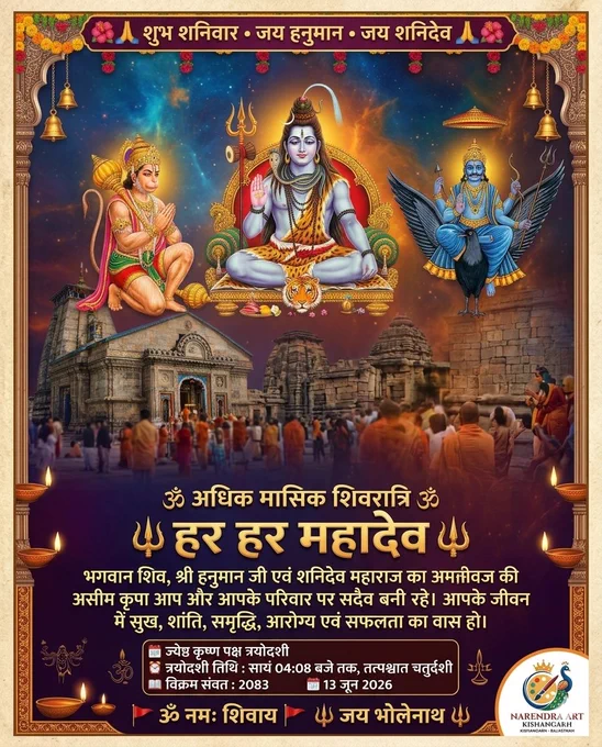 🌺🙏 शुभ शनिवार • जय हनुमान • जय शनिदेव 🙏🌺

🕉️ अधिक मासिक शिवरात्रि की हार्दिक शुभकामनाएँ 🕉️

भगवान शिव, श्री हनुमान जी एवं शनिदेव महाराज की कृपा से आपके जीवन में सुख, शांति, समृद्धि एवं सफलता का वास हो।

📅 13 जून 2026
🕉️ ज्येष्ठ कृष्ण पक्ष त्रयोदशी
⏰ त्रयोदशी तिथि सायं 04:08 बजे तक, तत्पश्चात चतुर्दशी
📜 विक्रम संवत 2083

🔱 हर हर महादेव 🔱

#अधिकमासिकशिवरात्रि #मासिकशिवरात्रि #हरहरमहादेव #जयभोलेनाथ #महादेव #शिवशक्ति #जयहनुमान #हनुमानजी #जयशनिदेव #शनिदेव #शनिवार #हिंदूपर्व #सनातनधर्म #narendraart #NarendraArtKishangarh #Trending #ViralPost