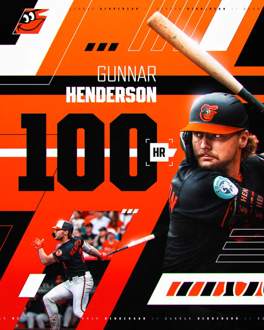 100 Home Runs
Gunnar Henderson in his batting stance while wearing a black Baltimore Orioles uniform and helmet (right). Gunnar Henderson's follow-through after hitting a home run while wearing a black Baltimore Orioles unifrom and multi-colored helmet (bottom left).