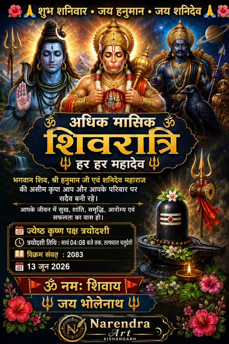 🌺🙏 शुभ शनिवार • जय हनुमान • जय शनिदेव 🙏🌺

🕉️ अधिक मासिक शिवरात्रि की हार्दिक शुभकामनाएँ 🕉️

भगवान शिव, श्री हनुमान जी एवं शनिदेव महाराज की कृपा से आपके जीवन में सुख, शांति, समृद्धि एवं सफलता का वास हो।

📅 13 जून 2026
🕉️ ज्येष्ठ कृष्ण पक्ष त्रयोदशी
⏰ त्रयोदशी तिथि सायं 04:08 बजे तक, तत्पश्चात चतुर्दशी
📜 विक्रम संवत 2083

🔱 हर हर महादेव 🔱

#अधिकमासिकशिवरात्रि #मासिकशिवरात्रि #हरहरमहादेव #जयभोलेनाथ #महादेव #शिवशक्ति #जयहनुमान #हनुमानजी #जयशनिदेव #शनिदेव #शनिवार #हिंदूपर्व #सनातनधर्म #narendraart #NarendraArtKishangarh #Trending #ViralPost