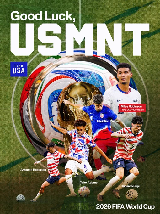 Graphic of Miles Robinson, Antonee Robinson, Christian Pulisic, Tyler Adams, and Ricardo Pepi with text good luck, usmnt