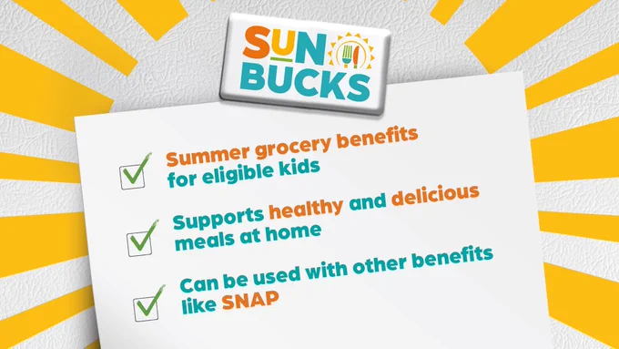 Yellow sunburst design overlay. SUN Bucks logo. Text matches post.