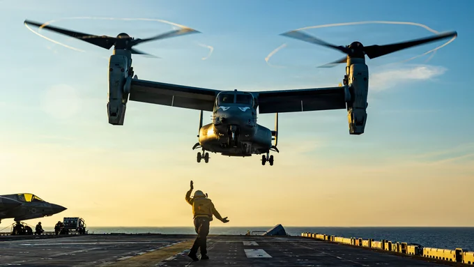 A U.S. Marine Corps MV-22B Osprey assigned to Marine Medium Tiltrotor Squadron (VMM) 163 (Reinforced), 11th Marine Expeditionary Unit, takes off from the flight deck aboard Wasp-class amphibious assault ship USS Boxer (LHD 4) in the South China Sea, June 6, 2026. The 11th MEU, embarked aboard the Boxer Amphibious Ready Group, is a persistent, combat credible force contributing to deterrence and crisis response in the U.S. 7th Fleet area of operations. U.S. 7th Fleet, the U.S. Navy's largest forward-deployed numbered fleet, routinely interacts and operates with allies and partners to preserve a free and open Indo-Pacific. (U.S. Marine Corps photo by Lance Cpl. Nicole Stuart)\n\n