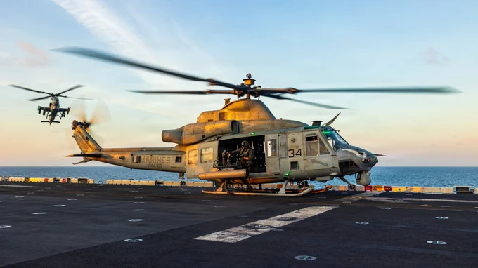 A U.S. Marine Corps UH-1Y Venom assigned to Marine Medium Tiltrotor Squadron (VMM) 163 (Reinforced), 11th Marine Expeditionary Unit, lands on the flight deck aboard Wasp-class amphibious assault ship USS Boxer (LHD 4) in the South China Sea, June 6, 2026. The 11th MEU, embarked aboard the Boxer Amphibious Ready Group, is a persistent, combat credible force contributing to deterrence and crisis response in the U.S. 7th Fleet area of operations. U.S. 7th Fleet, the U.S. Navy's largest forward-deployed numbered fleet, routinely interacts and operates with allies and partners to preserve a free and open Indo-Pacific. (U.S. Marine Corps photo by Lance Cpl. Nicole Stuart)\n\n