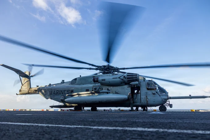 A U.S. Marine Corps CH-53E Super Stallion assigned to Marine Medium Tiltrotor Squadron (VMM) 163 (Reinforced), 11th Marine Expeditionary Unit, is staged during flight operations aboard Wasp-class amphibious assault ship USS Boxer (LHD 4) in the South China Sea, June 6, 2026. The 11th MEU, embarked aboard the Boxer Amphibious Ready Group, is a persistent, combat credible force contributing to deterrence and crisis response in the U.S. 7th Fleet area of operations. U.S. 7th Fleet, the U.S. Navy's largest forward-deployed numbered fleet, routinely interacts and operates with allies and partners to preserve a free and open Indo-Pacific. (U.S. Marine Corps photo by Lance Cpl. Nicole Stuart)\n\n