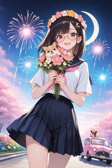 (masterpiece, best quality, ultra-detailed:1.2), (soft pastel colors:1.1), smile, walking on a magical floating path made of stardust and colorful blooming flowers, 
accompanied by a cheerful Shiba Inu dog running alongside her, and a small cute pink piglet with a tiny flower crown, 
japanese schoolgirl uniform, seifuku,
in the background is a deep cosmic night sky filled with a glowing galaxy, twinkling stars, a crescent moon, a full moon, and vibrant multi-colored exploding fireworks, 
a whimsical vintage compact car decorated with stars and a flower bouquet on top is parked on a small asteroid, 
fantasy, dreamlike, charming, fairy tale illustration, high resolution, scannable details,
dramatic lighting, anime style, cinematic lighting, soft shadows, vibrant but sophisticated colors, 8k resolution, highly detailed eyes and fabric textures.