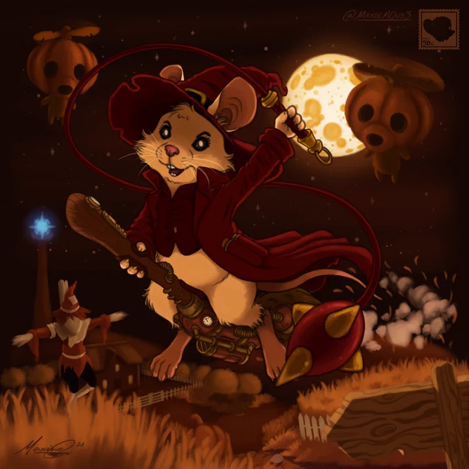 An illustration of an anthropomorphic mouse wearing a red coat, and a witch hat, riding a tinkered broom, flying above a field like a witch, while swinging a whip mace.
