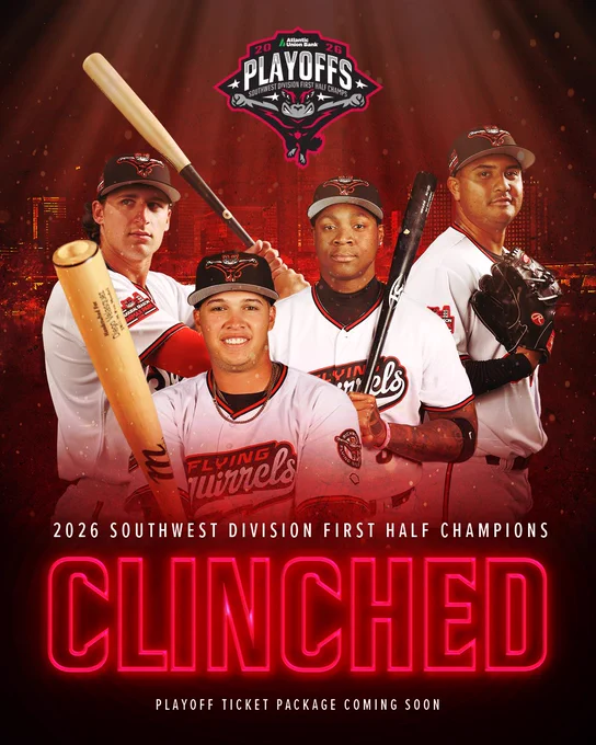 Promotional poster celebrating the 2026 Southwest Division first half champions, featuring four baseball players in their team uniforms. The scene conveys excitement and pride with its vibrant red background.