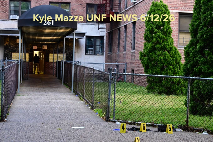 NYPD officers work the scene where a 52-year-old man was fatally shot multiple times throughout his body outside of 261 Lenox Road within the confines of the 67 precinct, Brooklyn, New York, USA, June 12, 2026. Friday afternoon at 3:30 PM the shooting transpired and the victim was taken to the hospital in critical condition and later pronounced dead. Several pieces of evidence including a knife, hat, shell casings and clothing were located on the scene. There are no arrests and the investigation is ongoing. The identity of the deceased is pending family notification.