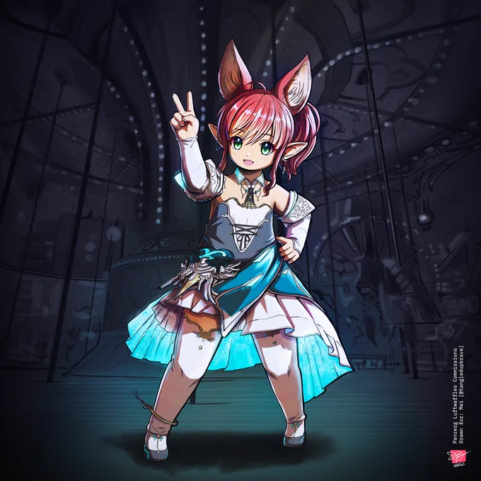 Art painting for @tangledupbrave — A cute pink-haired fox-eared Final Fantasy XIV lady Lalafell in a sparkling Neo Queen outfit stands cheerfully in front of the carousel in Living Memory, making a kawaii peace sign happily.