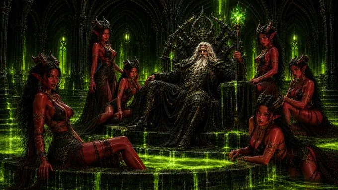 Dark fantasy throne-room scene inside a black gothic pool chamber glowing with bright green liquid. The Pool Master, an elderly pale ruler with long white hair and beard, lounges on a black-and-gold thorned throne while holding a green-lit staff. Around him are six adult Tiefling attendants with deep red skin, black hair, horns, pointed ears, gold jewelry, and dark black-and-burgundy ceremonial garments. The green pool light reflects across stone steps, chains, armor, and the vaulted cathedral-like interior.