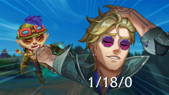 Locke tousles his hair as he extends his fist towards Teemo, who grimaces in pain. Below Locke is text reading “1/18/0.”