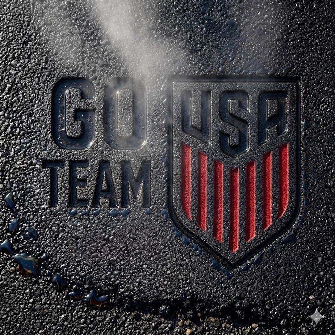 AI Generated - a patriotic message stamped into steaming hot black asphalt reads 'GO TEAM,' next to a carved USA shield with red and black stripes.