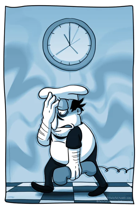 [UNINVITED GUEST – Pizza Tower Comic – Part 6]

[Cut to the next workday. Peppino trudges across the checkerboard tile of his pizzeria, holding the phone receiver limply and pressing his other hand against his face. He’s visibly exhausted, eyes baggy and bloodshot, as the sleep deprivation makes his vision wobble and tilt. The clock on the wall has its hands spinning and blurred between multiple positions, representing Peppino’s sense of time slipping.]