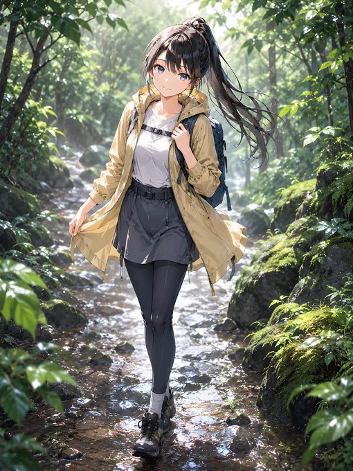 木漏れ日の差す沢沿いの小道を、黄色いライトコートを羽織った女性が歩いている。背中には黒いリュック、足元には濡れた石と浅い水の流れ。葉に残った雨粒が光を返し、午後三時の森はまだ明るい。街から少し離れただけなのに、空気の匂いまで変わる。予定より少し遠くへ進みたくなる、旅の途中の一場面として見える。帰り道は、まだ決めていない。