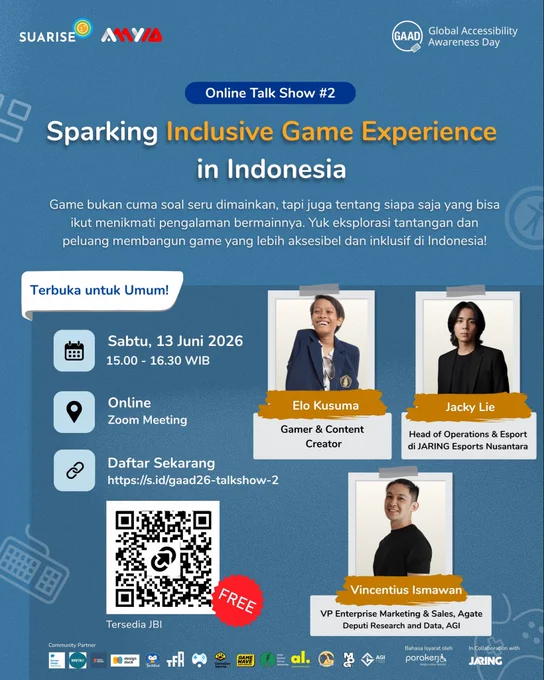 Poster kegiatan Online Talkshow berjudul Sparking Inclusive Game Experience in Indonesia yang diisi oleh Elo, Jacky dan Vincentius yang diadakan pada 13 Juni 2026 pukul 15.00 wib