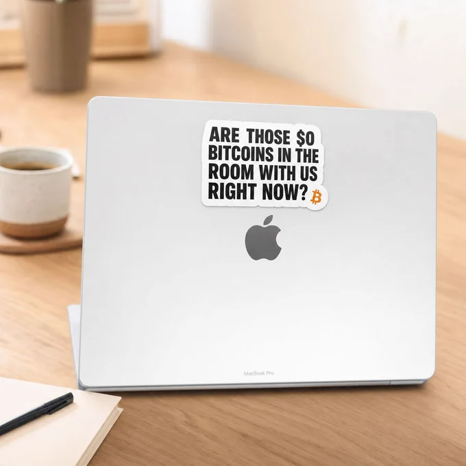 MacBook sticker reading 'Are those $0 bitcoins in the room with us right now?'
