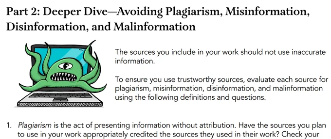 Part 2: Deeper Dive—Avoiding Plagiarism, Misinformation, Disinformation, and Malinformation
Where did you find your source online? Common options: Google search, academic research database such as ERIC or APA PsycNet, or artificial intelligence (AI) tools. Write where you found the work in your notes.
1. Plagiarism is the act of presenting information without attribution. Have the sources you plan to use in your work appropriately credited the sources they used in their work? Check your