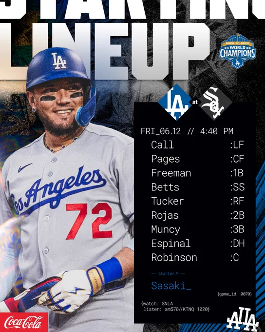 Today’s Dodgers lineup at White Sox:
Call LF
Pages CF
Freeman 1B
Betts SS
Tucker RF
Rojas 2B
Muncy 3B
Espinal DH
Robinson C