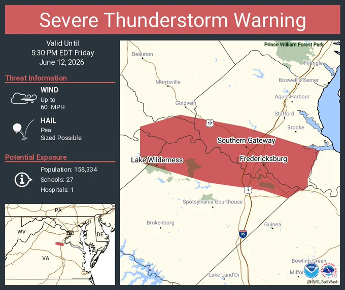 This graphic displays a severe thunderstorm warning plotted on a map. The warning is in effect until 5:30 PM EDT. The warning includes Fredericksburg VA, Lake of the Woods VA and Falmouth VA.  This warning is for Southern Stafford County in northern Virginia, West central King George County in central Virginia, Northeastern Orange County in central Virginia, The City of Fredericksburg in central Virginia, Southern Fauquier County in northern Virginia, Southeastern Culpeper County in northern Virginia and Northeastern Spotsylvania County in central Virginia. The threats associated with this warning are wind gusts up to 60 MPH and pea sized hail. There are 158,334 people in the warning along with 27 schools and 1 hospital.
