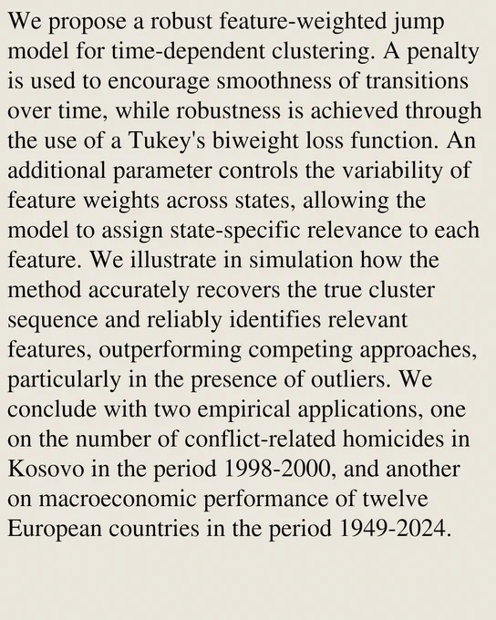 We propose a robust feature-weighted jump model for time-dependent clustering. A penalty is used to encourage smoothness of transitions over time, while robustness is achieved through the use of a Tukey's biweight loss function. An additional parameter controls the variability of feature weights across states, allowing the model to assign state-specific relevance to each feature. We illustrate in simulation how the method accurately recovers the true cluster sequence and reliably identifies relevant features, outperforming competing approaches, particularly in the presence of outliers. We conclude with two empirical applications, one on the number of conflict-related homicides in Kosovo in the period 1998-2000, and another on macroeconomic performance of twelve European countries in the period 1949-2024.