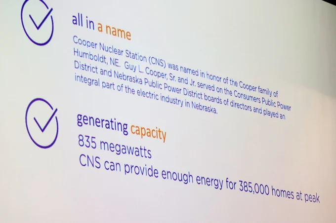 An image of descriptions on a screen about Cooper Nuclear Station and it's generating capacity
