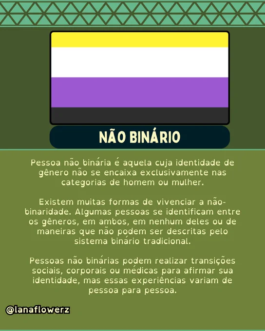 Não Binário 

Pessoa não binária é aquela cuja identidade de gênero não se encaixa exclusivamente nas categorias de homem ou mulher.

Existem muitas formas de vivenciar a não-binaridade. Algumas pessoas se identificam entre os gêneros, em ambos, em nenhum deles ou de maneiras que não podem ser descritas pelo sistema binário tradicional.

Pessoas não binárias podem realizar transições sociais, corporais ou médicas para afirmar sua identidade, mas essas experiências variam de pessoa para pessoa.