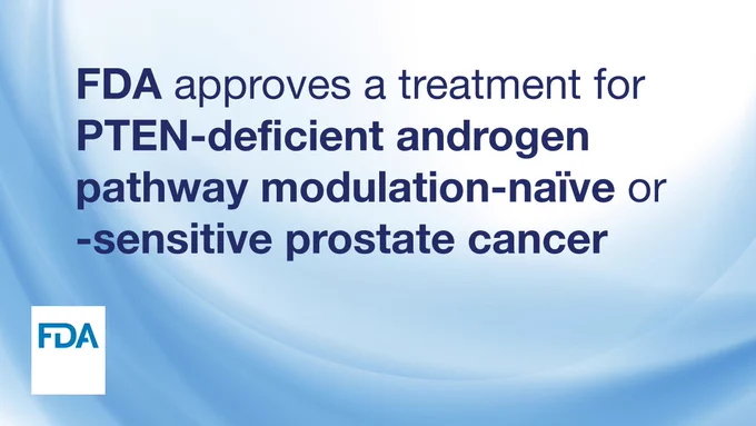 The image contains text on a blue and white background stating, "FDA approves a treatment for PTEN-deficient androgen pathway modulation-naïve or -sensitive prostate cancer." The FDA logo is in the bottom left corner.