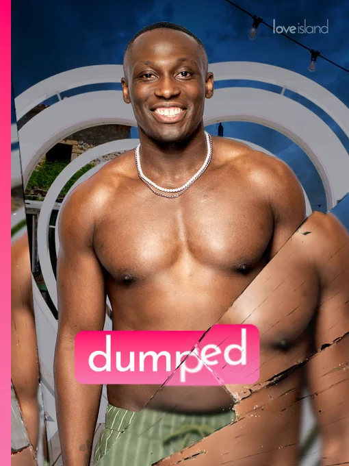 A promotional graphic from Love Island.
The image features a shirtless Ope smiling broadly at the camera. He has a muscular build, and is wearing two layered necklaces—one white beaded pearl necklace and one silver chain—along with green swim trunks featuring thin vertical white stripes.
The background shows an outdoor setting at dusk with the show's signature large, white, layered heart-shaped arches and string lights overhead.
The image has a prominent shattered or broken glass effect overlaid on top. Across the bottom center, a bright pink rectangular graphic contains the word "dumped" written in lowercase, white text.