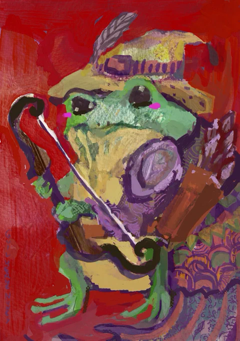 A painting of a frog archer with a feathered hat, shoulder armor, and a cape with various patterns.
