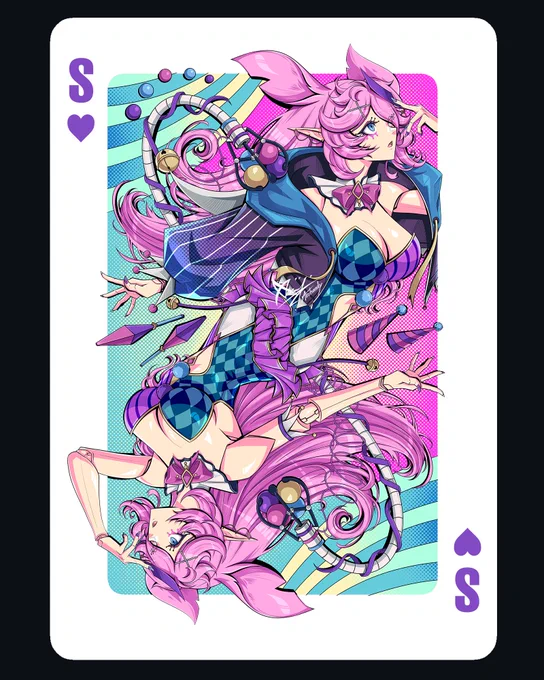 Double-sided Vtuber playing card commission featuring a fantasy jester anime character in harlequin blue-purple checkerboard costume with pink hair, gold bells, and dynamic composition in a vibrant pop art illustration style.