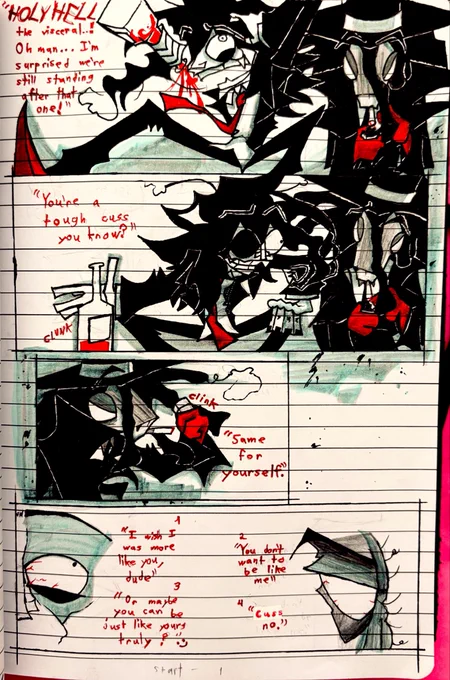 Page 1 START
Mackenzie “Holy hell, the visceral…! Oh man… I’m surprised we’re still standing after that one!”

Mackenzie “You’re a tough cuss you know?”

Noir “Same for yourself.”

Mackenzie “I wish I was more like you, dude.”

Noir “You don’t want to be like me.”

Mackenzie “Or maybe you can be just like yours truly?” :)

Noir “Cuss no.”