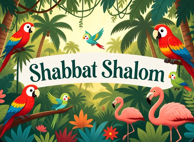 Shabbat Shalom message with birds in a jungle 