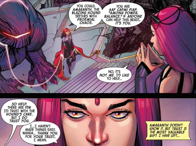 The Scarlet Witch and Amaranth in the flickering other-realm, K'lay in Sorcerer Supreme (2026) issue #5 written by Steve Orlando, art by Bernard Chang and colors by Ruth Redmond.