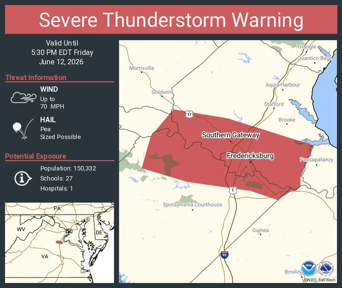 This graphic displays a severe thunderstorm warning plotted on a map. The warning is in effect until 5:30 PM EDT. The warning includes Fredericksburg VA, Falmouth VA and Southern Gateway VA.  This warning is for Northeastern Orange County Is Cancelled. The threats associated with this warning are wind gusts up to 70 MPH and pea sized hail. There are 150,332 people in the warning along with 27 schools and 1 hospital.