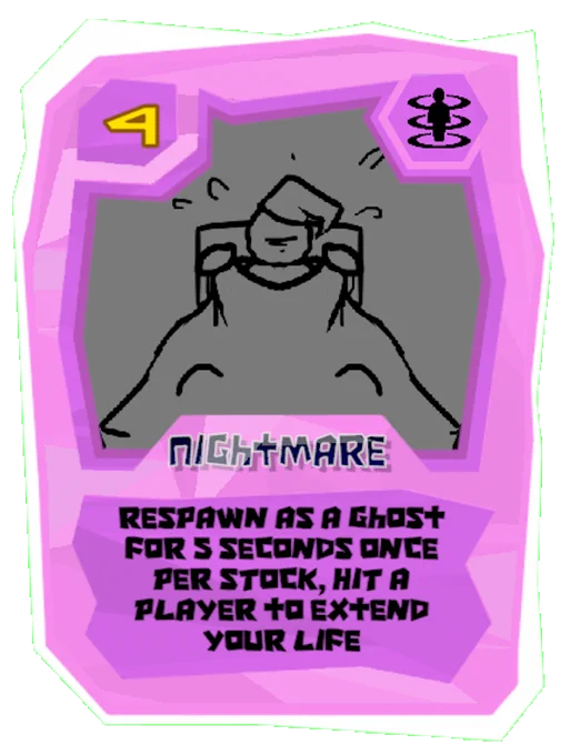 A card named Nightmare that reads "Respawn as a ghost for 5 seconds once per stock, hit a player to extend your life"
Pictured is uncolored card art with an unspecified character frantically waking up in bed.