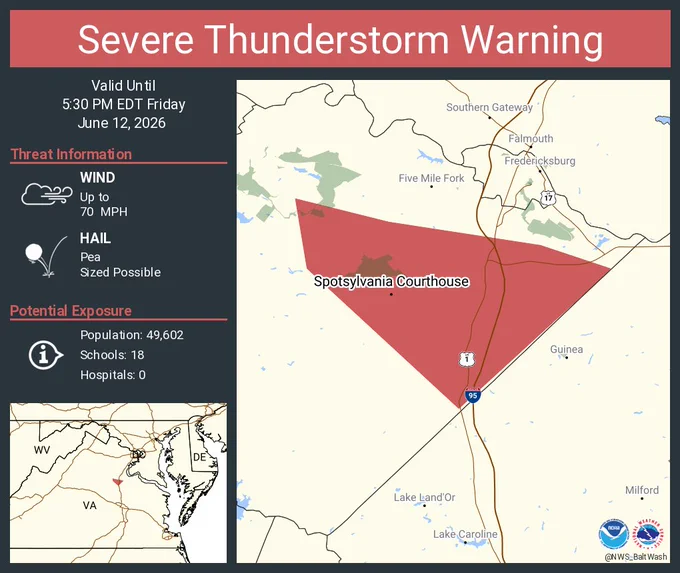 This graphic displays a severe thunderstorm warning plotted on a map. The warning is in effect until 5:30 PM EDT. The warning includes Spotsylvania Courthouse VA and Spotsylvania VA.  This warning is for East central Spotsylvania County in central Virginia. The threats associated with this warning are wind gusts up to 70 MPH and pea sized hail. There are 49,602 people in the warning along with 18 schools and 0 hospitals.