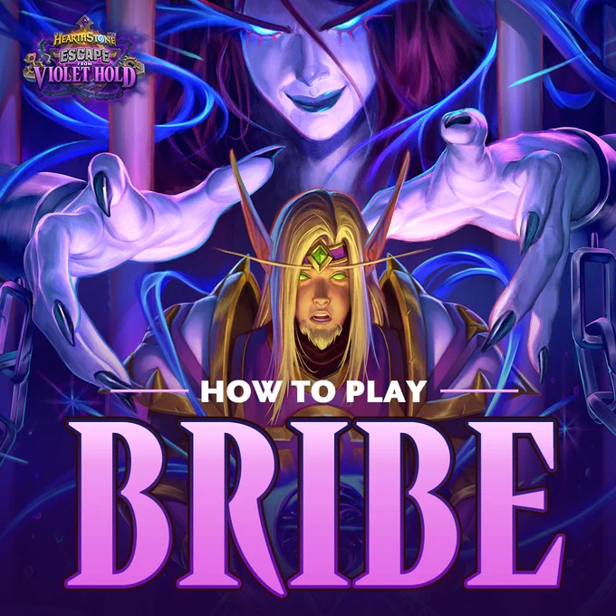A Hearthstone graphic titled How to Play Bribe, showing a Blood Elf Violet Hold guard in the foreground while a Void Elf looms behind with outstretched hands, surrounded by swirling magic effects.