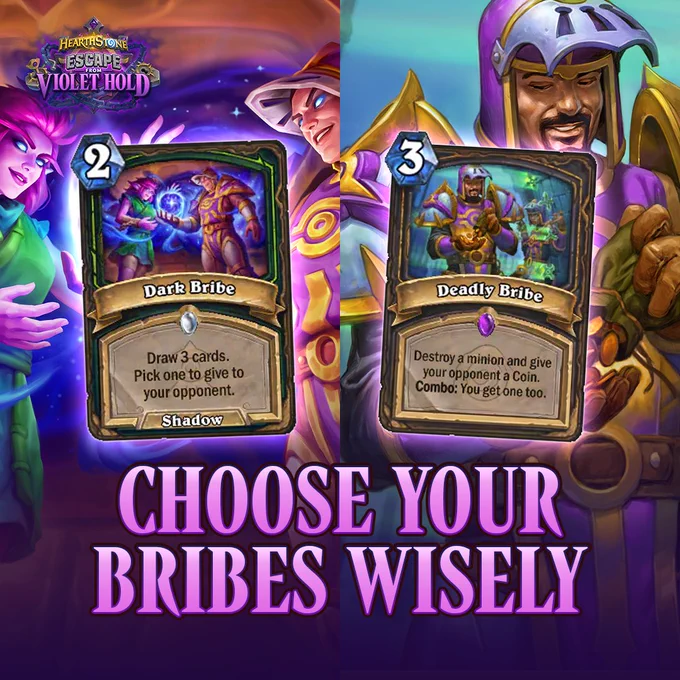 A Hearthstone graphic showing two cards, Dark Bribe on the left and Deadly Bribe on the right, each with the full character art behind them, and large text reading Choose Your Bribes Wisely on a split purple background.